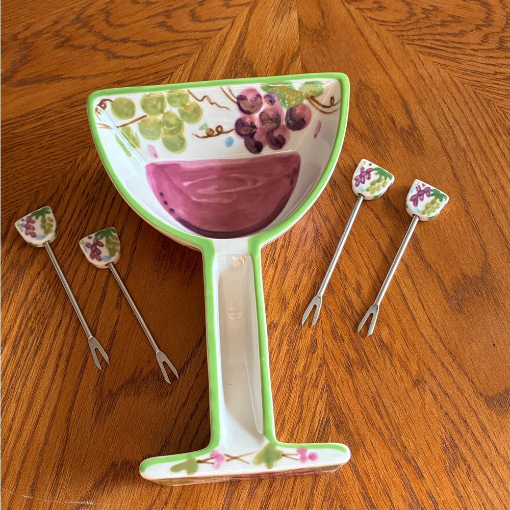 Hand-Painted Wine Glass Serving Dish with Fruit Design - Green & Purple